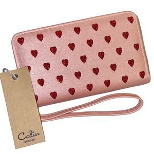Calin Collection Metallic Pink & Red Glitter Heart Print Vegan Wallet & Wristlet